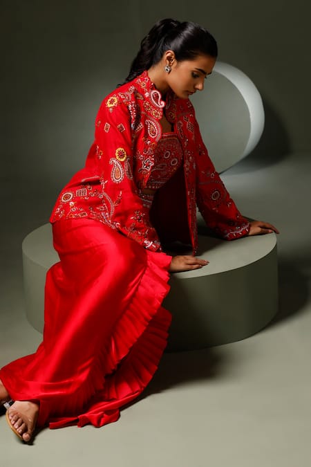 Two Sisters By Gyans_Red Silk Cut Work, Beads Square Neck, Paisley Embroidered Cape Draped Skirt Set _at_Aza_Fashions