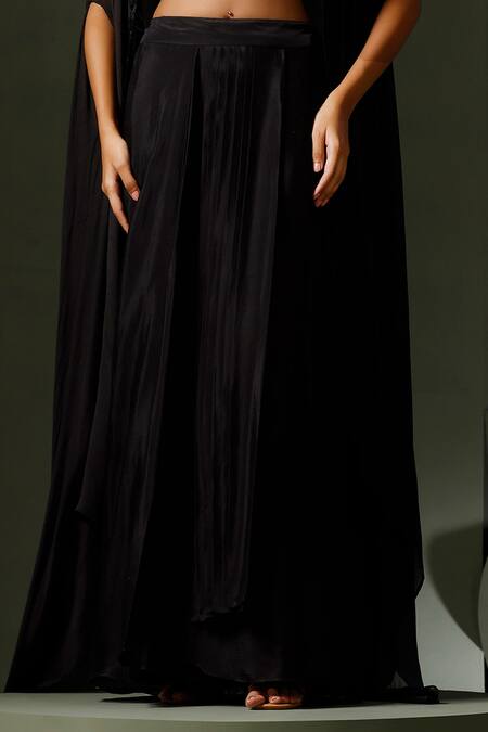 Two Sisters By Gyans_Black Chiffon Beads Halter Neck Embellished Border Cape Skirt Set _Online_at_Aza_Fashions