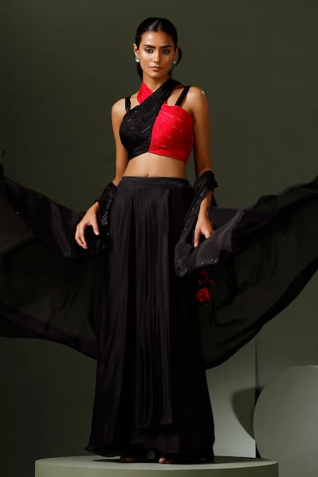 Buy_Two Sisters By Gyans_Black Chiffon Beads Halter Neck Embellished Border Cape Skirt Set _Online_at_Aza_Fashions