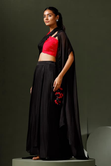Shop_Two Sisters By Gyans_Black Chiffon Beads Halter Neck Embellished Border Cape Skirt Set _Online_at_Aza_Fashions