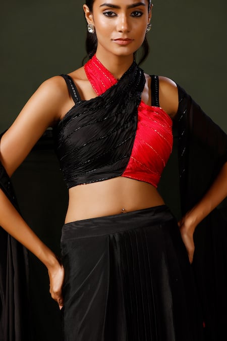 Two Sisters By Gyans_Black Chiffon Beads Halter Neck Embellished Border Cape Skirt Set _at_Aza_Fashions