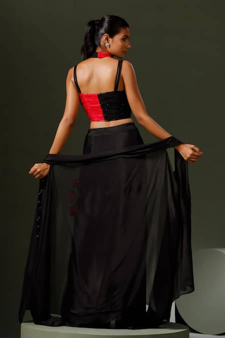 Buy_Two Sisters By Gyans_Black Chiffon Beads Halter Neck Embellished Border Cape Skirt Set 