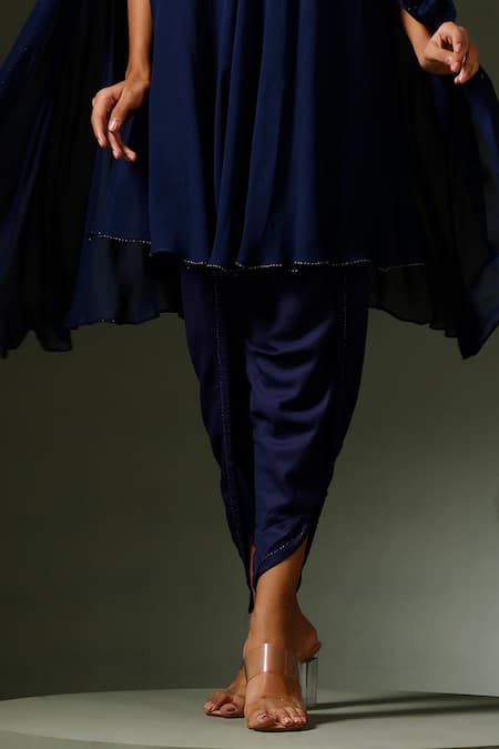 Buy_Two Sisters By Gyans_Blue Georgette Sequins, Stones High Neck Jewelled Cape Kurta Tulip Pant Set _Online_at_Aza_Fashions