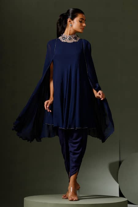 Shop_Two Sisters By Gyans_Blue Georgette Sequins, Stones High Neck Jewelled Cape Kurta Tulip Pant Set _Online_at_Aza_Fashions
