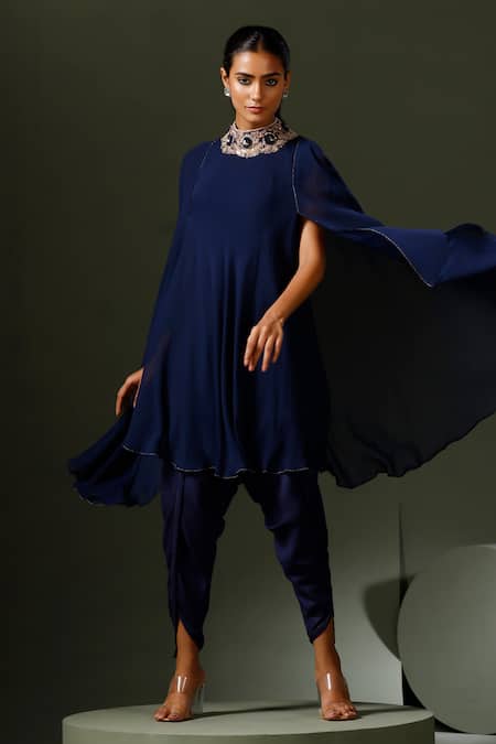 Two Sisters By Gyans_Blue Georgette Sequins, Stones High Neck Jewelled Cape Kurta Tulip Pant Set _at_Aza_Fashions