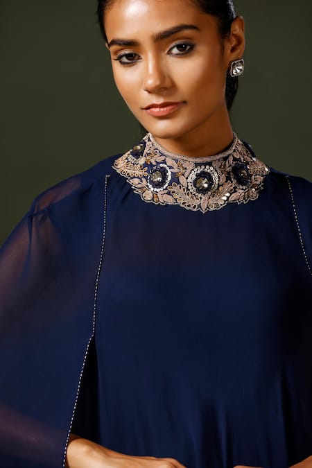 Buy_Two Sisters By Gyans_Blue Georgette Sequins, Stones High Neck Jewelled Cape Kurta Tulip Pant Set 