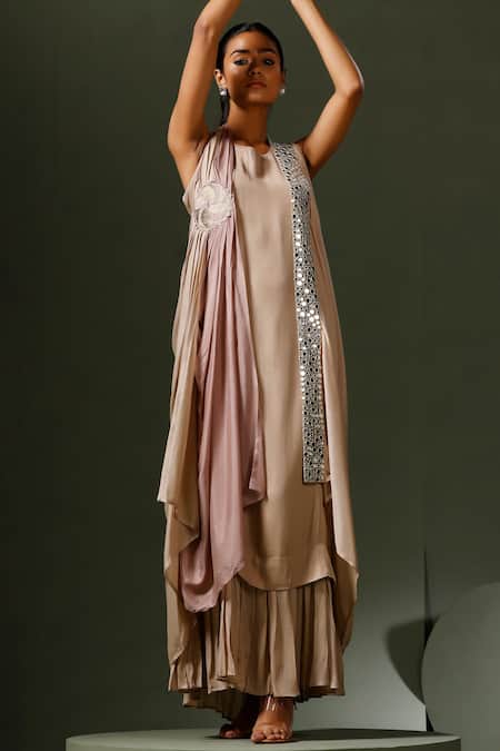 Buy_Two Sisters By Gyans_Gold Mirrors Round Neck Embroidered Cape With Gown _Online_at_Aza_Fashions