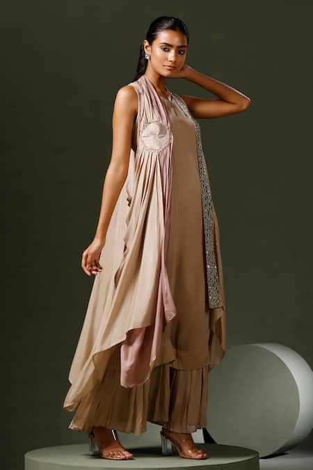 Shop_Two Sisters By Gyans_Gold Mirrors Round Neck Embroidered Cape With Gown _Online_at_Aza_Fashions