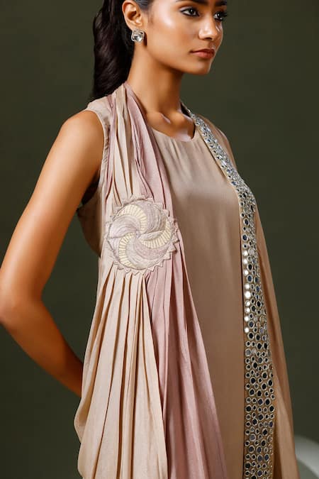 Two Sisters By Gyans_Gold Mirrors Round Neck Embroidered Cape With Gown _at_Aza_Fashions