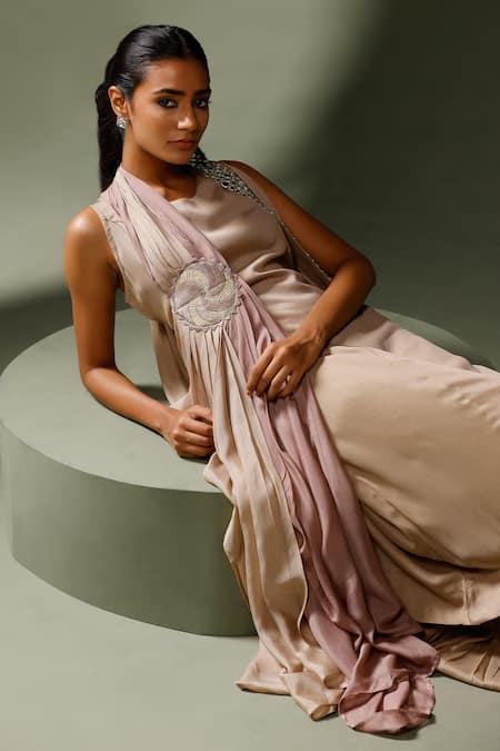 Buy_Two Sisters By Gyans_Gold Mirrors Round Neck Embroidered Cape With Gown 