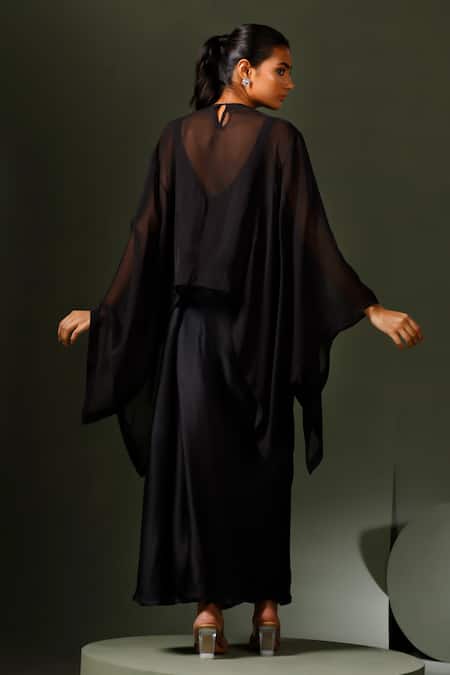 Shop_Two Sisters By Gyans_Black Modal Aztec Yoke Embroidered Cape Draped Skirt Set _at_Aza_Fashions