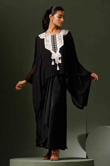 Two Sisters By Gyans_Black Modal Aztec Yoke Embroidered Cape Draped Skirt Set _Online_at_Aza_Fashions