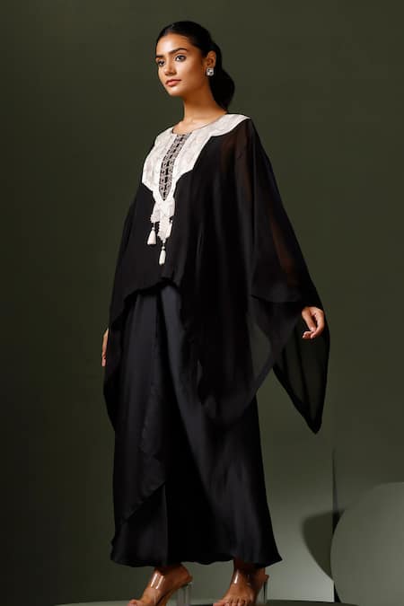 Buy_Two Sisters By Gyans_Black Modal Aztec Yoke Embroidered Cape Draped Skirt Set _Online_at_Aza_Fashions