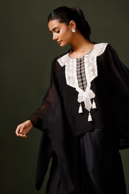 Shop_Two Sisters By Gyans_Black Modal Aztec Yoke Embroidered Cape Draped Skirt Set _Online_at_Aza_Fashions