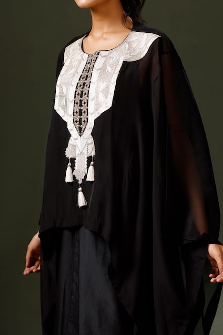 Two Sisters By Gyans_Black Modal Aztec Yoke Embroidered Cape Draped Skirt Set _at_Aza_Fashions