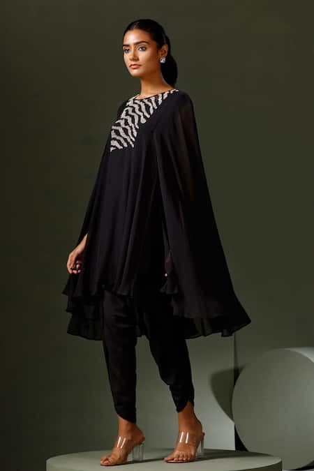 Shop_Two Sisters By Gyans_Black Georgette Sequins Round Wave Yoke Embellished Cape Kurta Tulip Pant Set _Online_at_Aza_Fashions