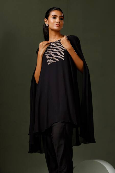 Two Sisters By Gyans_Black Georgette Sequins Round Wave Yoke Embellished Cape Kurta Tulip Pant Set _at_Aza_Fashions