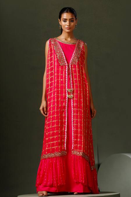 Two Sisters By Gyans_Pink Terrycloth, Silk Gota Patti, Zari, Embroidery Round Kundan Jacket And Gown_Online_at_Aza_Fashions