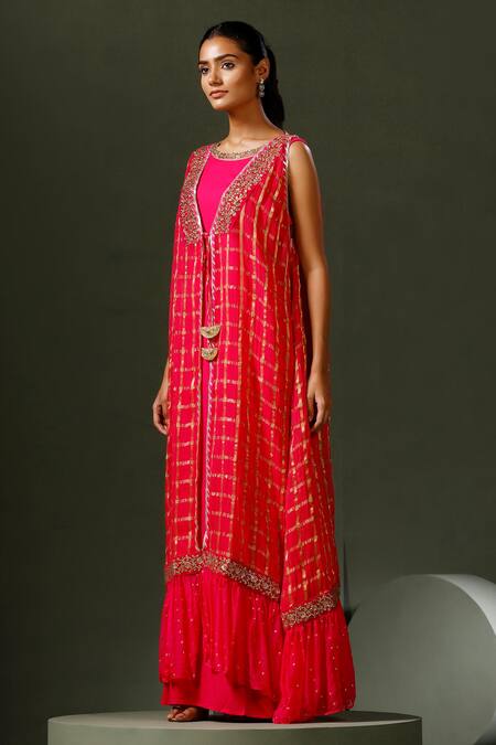 Buy_Two Sisters By Gyans_Pink Terrycloth, Silk Gota Patti, Zari, Embroidery Round Kundan Jacket And Gown_Online_at_Aza_Fashions