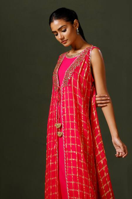 Shop_Two Sisters By Gyans_Pink Terrycloth, Silk Gota Patti, Zari, Embroidery Round Kundan Jacket And Gown_Online_at_Aza_Fashions