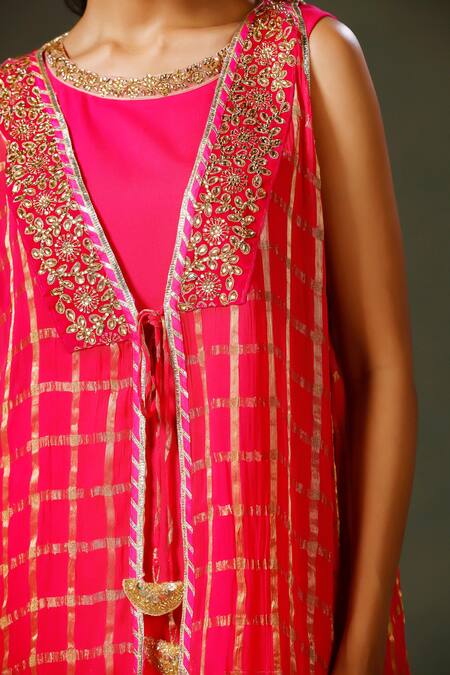 Two Sisters By Gyans_Pink Terrycloth, Silk Gota Patti, Zari, Embroidery Round Kundan Jacket And Gown_at_Aza_Fashions