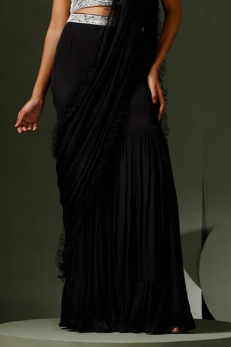 Two Sisters By Gyans_Black Georgette Pearls Halter Neck Ruffle Border Gharara Saree With Blouse _Online_at_Aza_Fashions