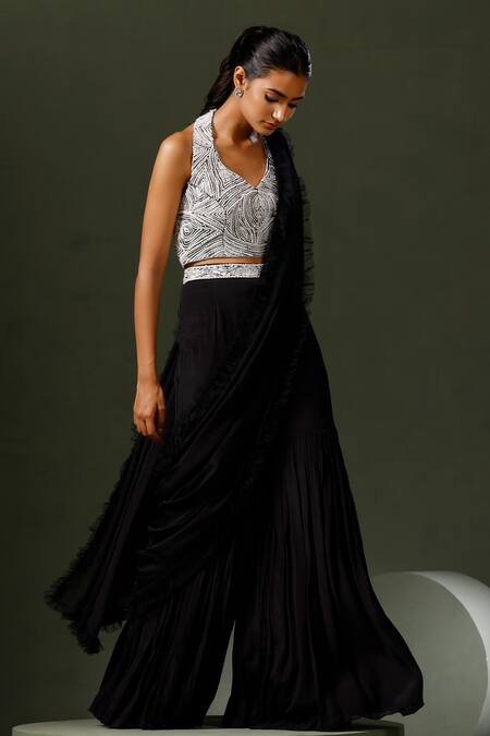 Two Sisters By Gyans_Black Georgette Pearls Halter Neck Ruffle Border Gharara Saree With Blouse _at_Aza_Fashions