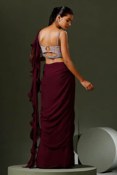 Shop_Two Sisters By Gyans_Purple Georgette Pearls, Sequins, Cut Work Ruffle Saree With Embellished Blouse _at_Aza_Fashions