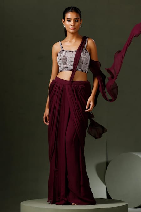 Two Sisters By Gyans_Purple Georgette Pearls, Sequins, Cut Work Ruffle Saree With Embellished Blouse _Online_at_Aza_Fashions