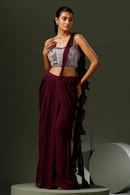 Buy_Two Sisters By Gyans_Purple Georgette Pearls, Sequins, Cut Work Ruffle Saree With Embellished Blouse _Online_at_Aza_Fashions