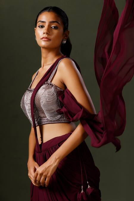 Shop_Two Sisters By Gyans_Purple Georgette Pearls, Sequins, Cut Work Ruffle Saree With Embellished Blouse _Online_at_Aza_Fashions