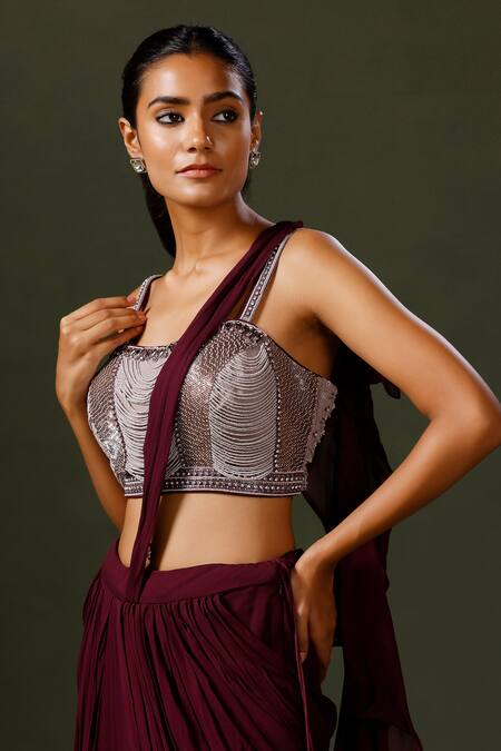 Two Sisters By Gyans_Purple Georgette Pearls, Sequins, Cut Work Ruffle Saree With Embellished Blouse _at_Aza_Fashions