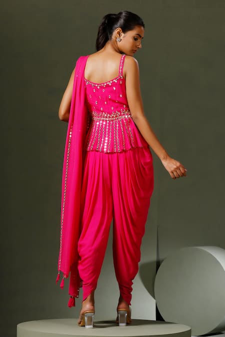 Shop_Two Sisters By Gyans_Pink Georgette Mirrors, Tassels V-neck Work Peplum Top Dhoti Pant Set _at_Aza_Fashions