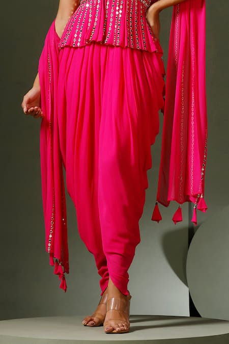 Two Sisters By Gyans_Pink Georgette Mirrors, Tassels V-neck Work Peplum Top Dhoti Pant Set _Online_at_Aza_Fashions