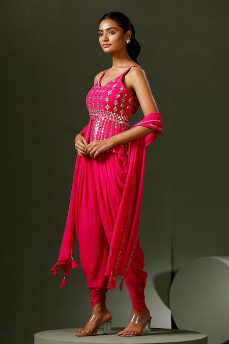 Shop_Two Sisters By Gyans_Pink Georgette Mirrors, Tassels V-neck Work Peplum Top Dhoti Pant Set _Online_at_Aza_Fashions