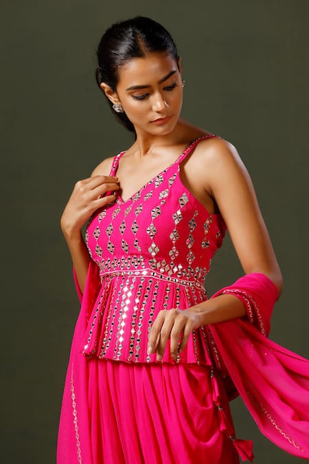 Two Sisters By Gyans_Pink Georgette Mirrors, Tassels V-neck Work Peplum Top Dhoti Pant Set _at_Aza_Fashions