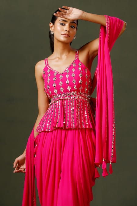 Buy_Two Sisters By Gyans_Pink Georgette Mirrors, Tassels V-neck Work Peplum Top Dhoti Pant Set 