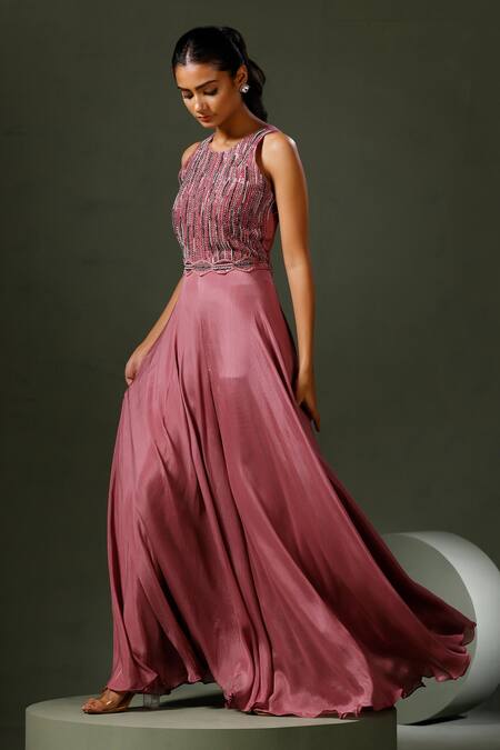 Two Sisters By Gyans_Purple Chiffon Sequins, Embroidery, Cut Stacked Jumpsuit With Embellished Belt _Online_at_Aza_Fashions