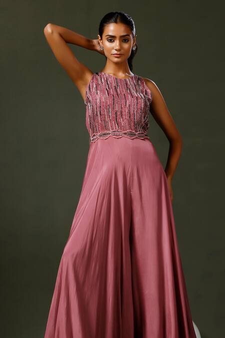 Shop_Two Sisters By Gyans_Purple Chiffon Sequins, Embroidery, Cut Stacked Jumpsuit With Embellished Belt _Online_at_Aza_Fashions