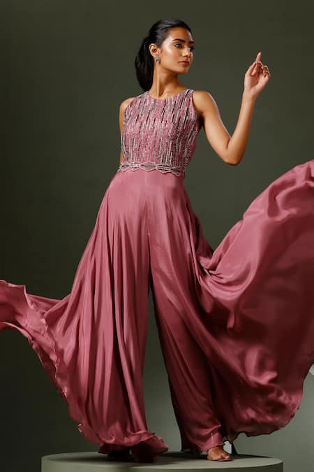 Buy_Two Sisters By Gyans_Purple Chiffon Sequins, Embroidery, Cut Stacked Jumpsuit With Embellished Belt 