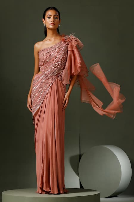 Two Sisters By Gyans Pink Crepe Bottom Embroidery Thread Work Sequin Helix Embellished Saree Gown 