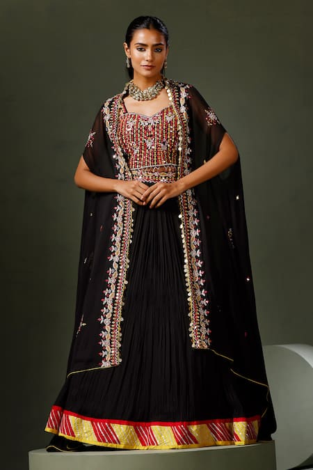 Two Sisters By Gyans Resham Thread Sheesha Work Cape Lehenga Set 