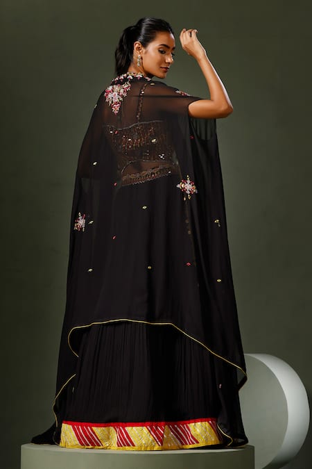 Two Sisters By Gyans Resham Thread Sheesha Work Cape Lehenga Set 