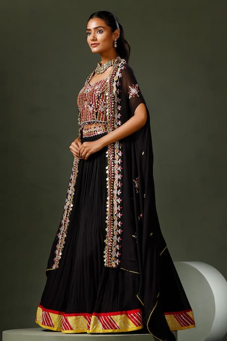 Two Sisters By Gyans_Black Georgette Embroidery Resham Thread Sheesha Work Cape Lehenga Set _Online_at_Aza_Fashions