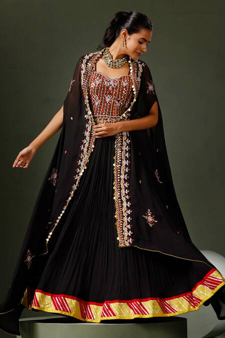 Shop_Two Sisters By Gyans_Black Georgette Embroidery Resham Thread Sheesha Work Cape Lehenga Set _Online_at_Aza_Fashions