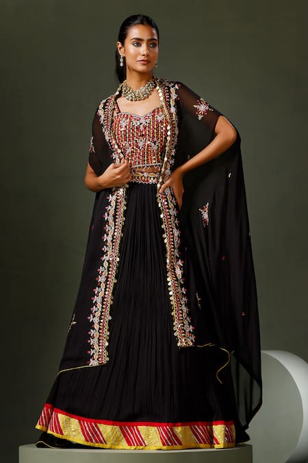 Two Sisters By Gyans_Black Georgette Embroidery Resham Thread Sheesha Work Cape Lehenga Set _at_Aza_Fashions