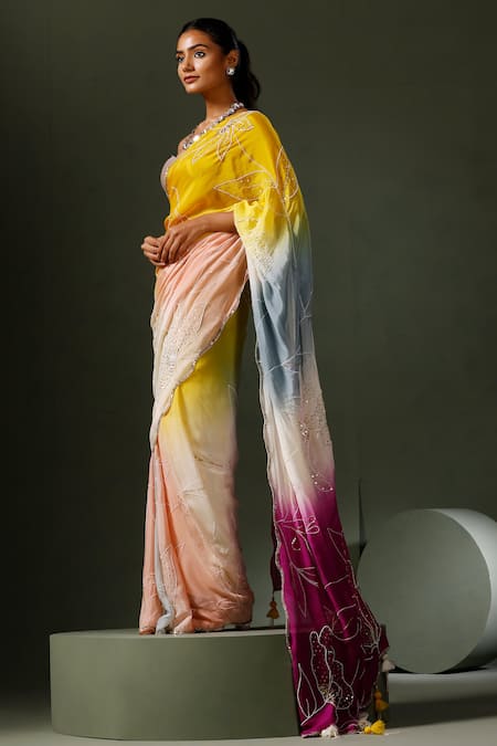 Two Sisters By Gyans_Multi Color Maya Tie Dye Flora Embellished Saree With Unstitched Blouse Piece _Online_at_Aza_Fashions
