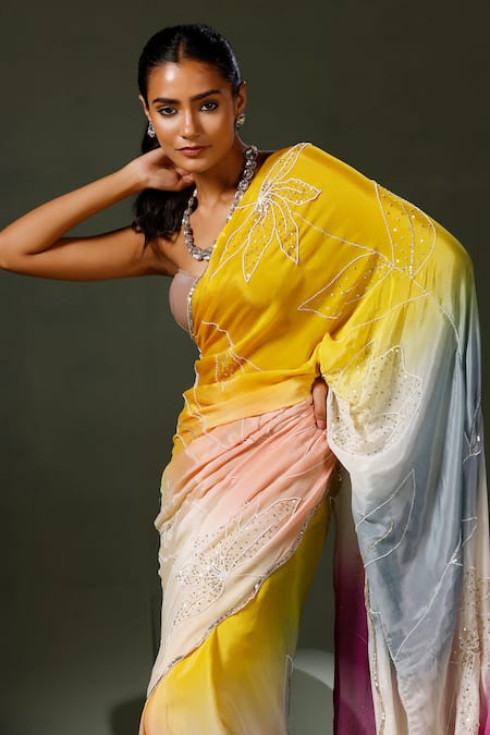 Buy_Two Sisters By Gyans_Multi Color Maya Tie Dye Flora Embellished Saree With Unstitched Blouse Piece _Online_at_Aza_Fashions