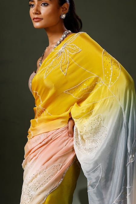 Shop_Two Sisters By Gyans_Multi Color Maya Tie Dye Flora Embellished Saree With Unstitched Blouse Piece _Online_at_Aza_Fashions