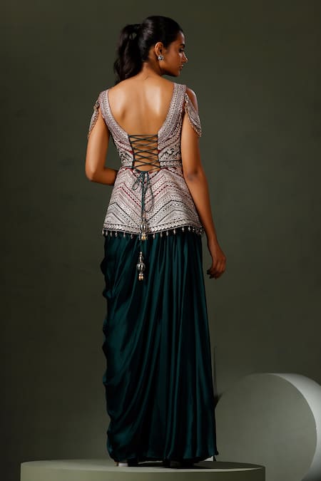 Shop_Two Sisters By Gyans_Green Silk, Satin Paisley Bloom Zari Work Peplum Top With Draped Skirt _at_Aza_Fashions